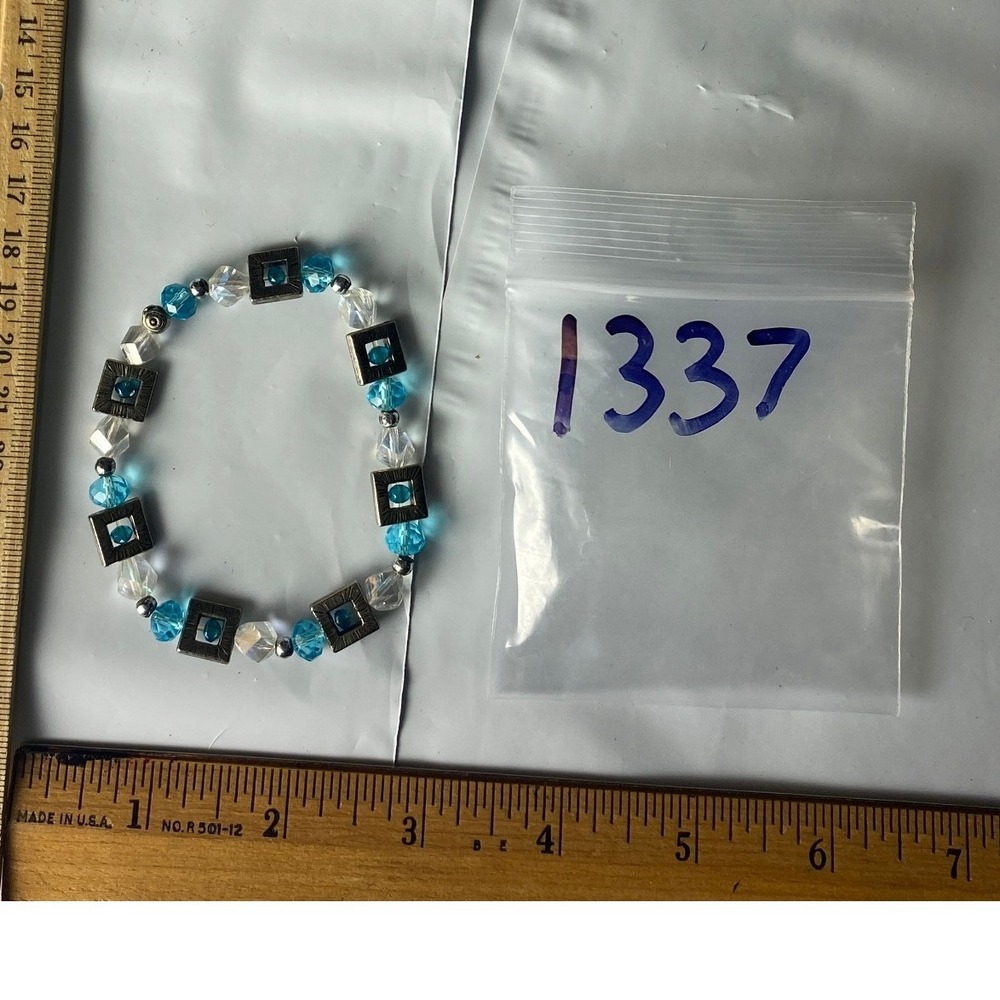 Blue Silver Square Bead Stretch Bracelet